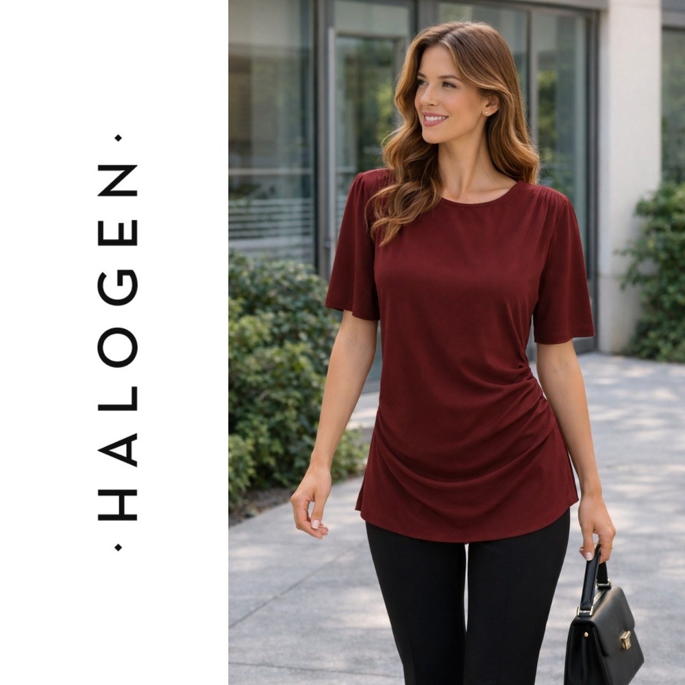 NWT, Halogen, Rust Ruched Side Short Sleeve Top Blouse Burgundy Russet Size XL‎
